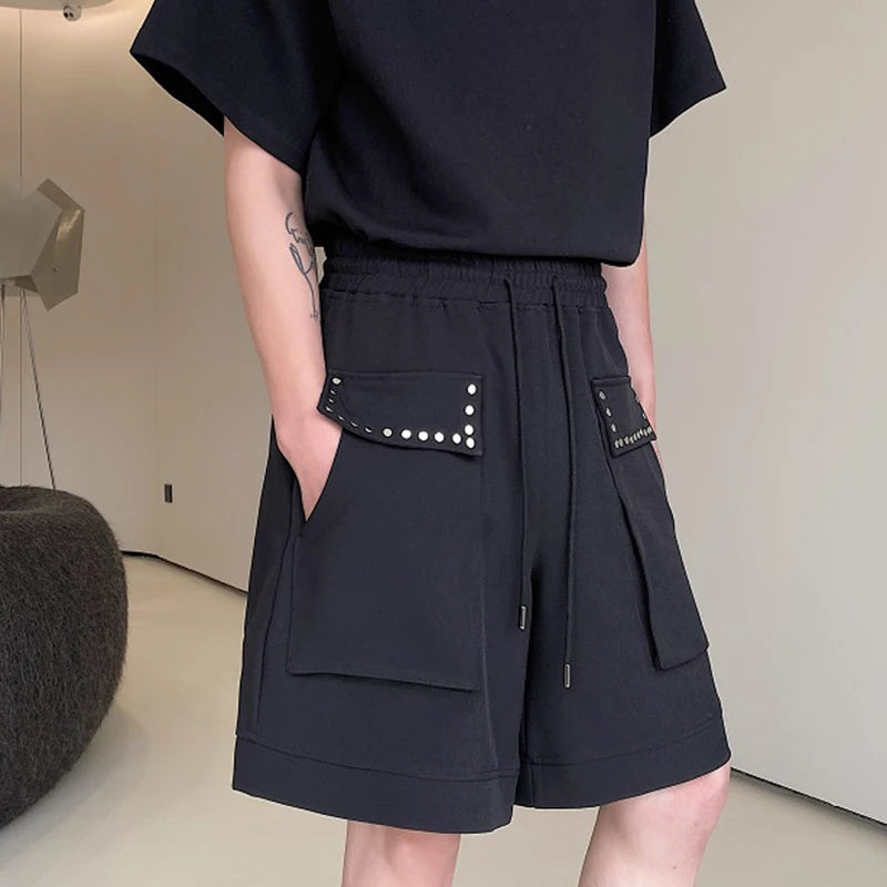 Elastic Waist Wide Leg Shorts Summer New Loose Male Straight Leg Pants Solid Color Pocket Lace-up Casual Trend 9C5354