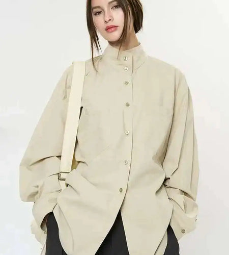 Women Brown Brief Belted Big Size Elegant Blouse New Stand Collar Long Sleeve Shirt Fashion Spring Autumn 2025 1DH9983