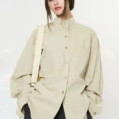 Load image into Gallery viewer, Women Brown Brief Belted Big Size Elegant Blouse New Stand Collar Long Sleeve Shirt Fashion Spring Autumn 2025 1DH9983
