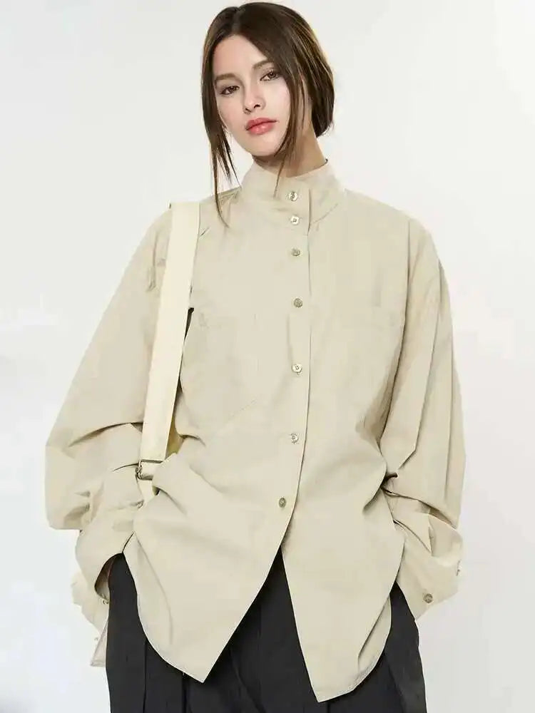 Women Brown Brief Belted Big Size Elegant Blouse New Stand Collar Long Sleeve Shirt Fashion Spring Autumn 2025 1DH9983