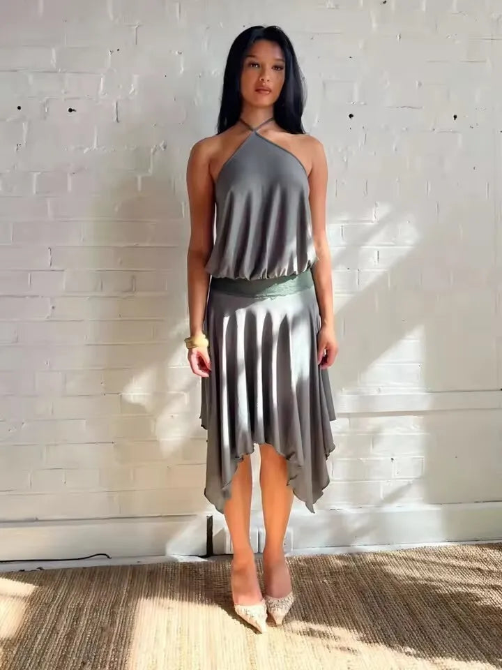 Halter Backless Sexy Mini Dress Women Robe Fashion Summer New Lace Patchwork Sleeveless Pleated Ruffled Club Dress