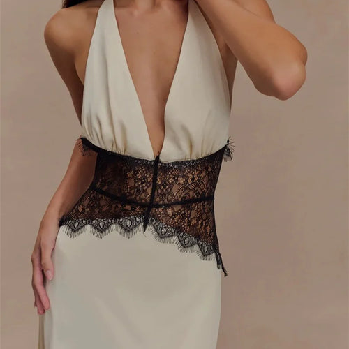 Load image into Gallery viewer, Summer Backless Sexy Maxi Dress Women Gown Patchwork Lace Halter Deep V Neck Sleeveless High Waist Elegant Long Dress
