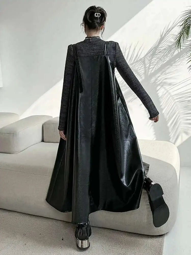 Women Black Pu Leather Big Size Casual Strap Dress New Square Collar Sleeveless Fashion Tide Spring Autumn 2025 1DH5160