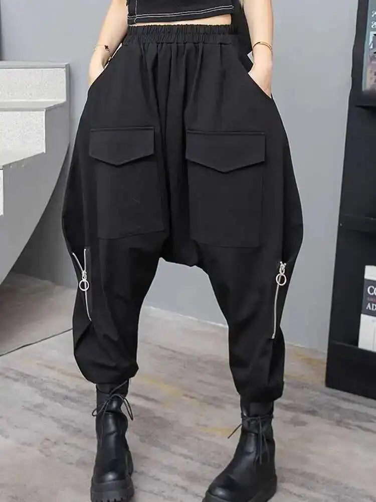 High Elastic Waist Black Pocket Zipper Long Casual Cross Pants New Trousers Women Fashion Tide Spring Autumn 2025  1DH6417