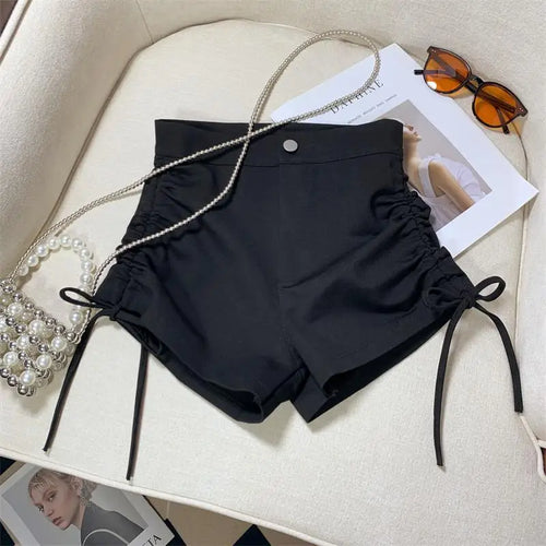 Load image into Gallery viewer, Fashion Summer Women Black Slim High Waist Drawstring Pleated Lace-up Shorts Casual Fashion Simple Short Pant Streetwear popular
