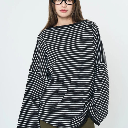 Load image into Gallery viewer, Women Blue Striped Shaped Big Size Knitting T-shirt New Round Neck Long Sleeve Fashion Tide Spring Autumn 2025 1DH9279
