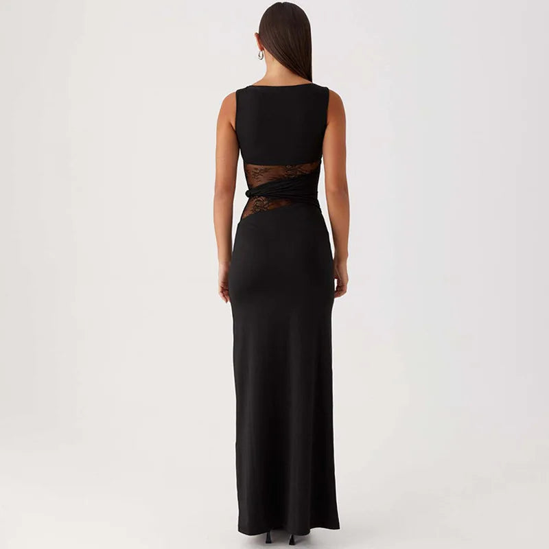 Sheer Lace Sleeveless Sexy Maxi Dress For Women Gown Summer Patchwork Fashion O Neck Bodycon Long Tank Dress Vestido