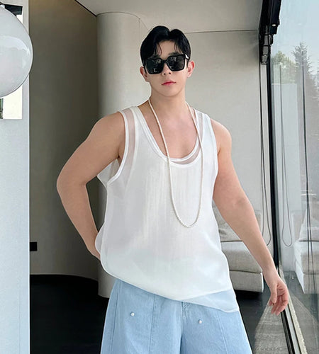 Male Personalized Male Vest Versatile Solid Color Double Layered Satin Mesh Two-piece Tank Top Temperament Men Top 9C5944