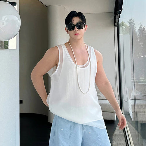 Load image into Gallery viewer, Male Personalized Male Vest Versatile Solid Color Double Layered Satin Mesh Two-piece Tank Top Temperament Men Top 9C5944
