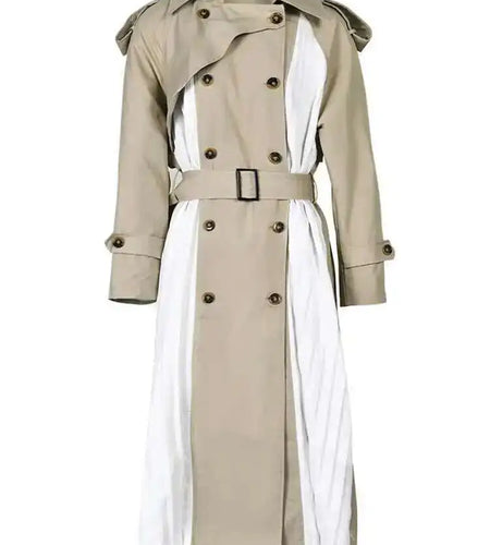 Women Khaki Pleated Big Size Long Trench New Lapel Long Sleeve Loose Fit Windbreaker Fashion Spring Autumn 2025 1DF0722