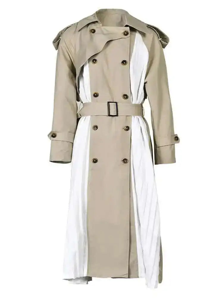 Women Khaki Pleated Big Size Long Trench New Lapel Long Sleeve Loose Fit Windbreaker Fashion Spring Autumn 2025 1DF0722