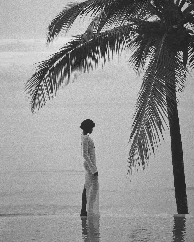 Hollow Out Knit Sexy Maxi Dress Women Fashion See Through Smock Dress Elegant Long Sleeve Backless Fishtail Dress