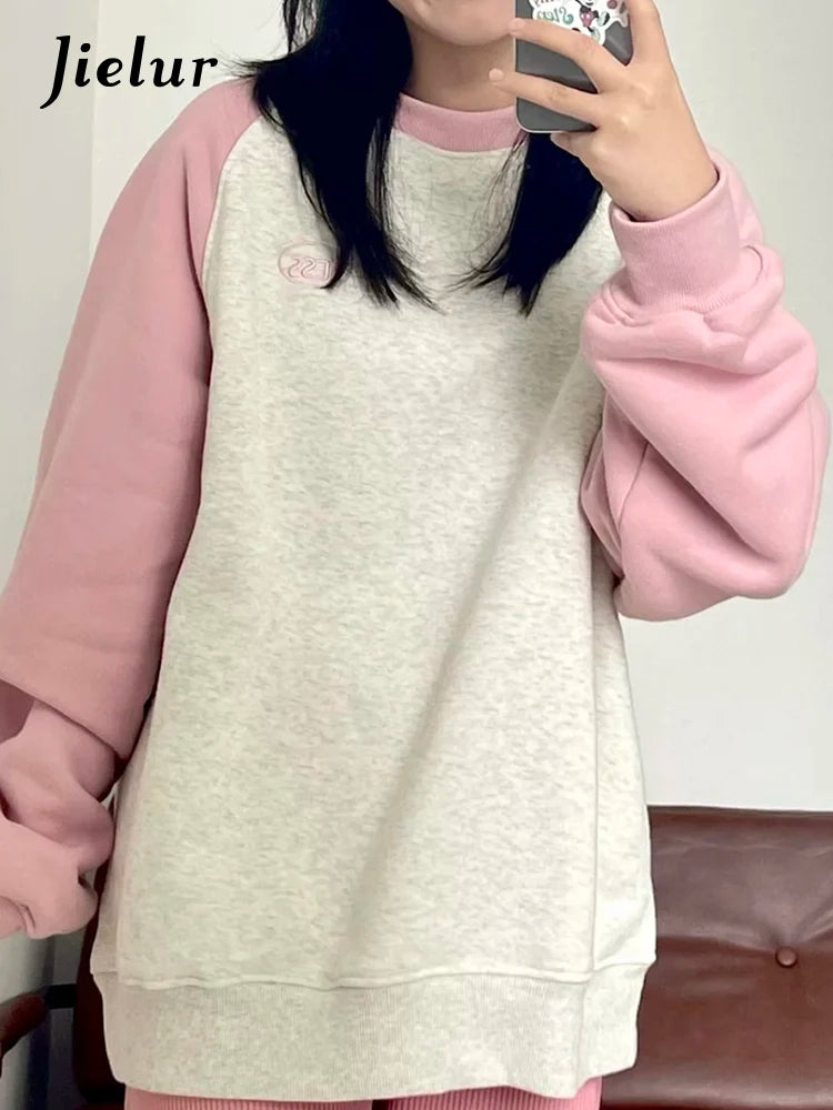 Sweet Pink Spell Color Women's Hoodies O-neck Fashion Autumn Loose Pullovers Basic Female Hoodies Casual Office Ladies