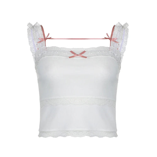 Load image into Gallery viewer, Sweet Korean Style Bow Crop Top Women Lace Patched White Camisole Coquette Clothes Cutecore Short Tops Mini Harajuku
