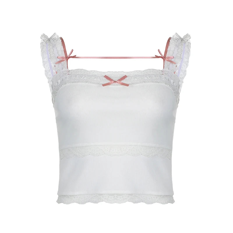 Sweet Korean Style Bow Crop Top Women Lace Patched White Camisole Coquette Clothes Cutecore Short Tops Mini Harajuku