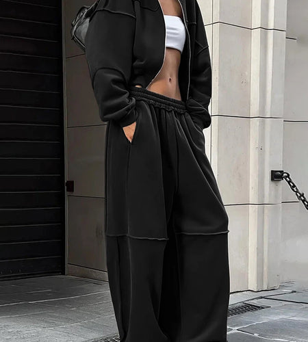 Sporty Women 2 Piece Set Casual Tracksuit Panelled Stripes Simple Hipster Hooded Zip Jacket+Wide Pants Matching Suits