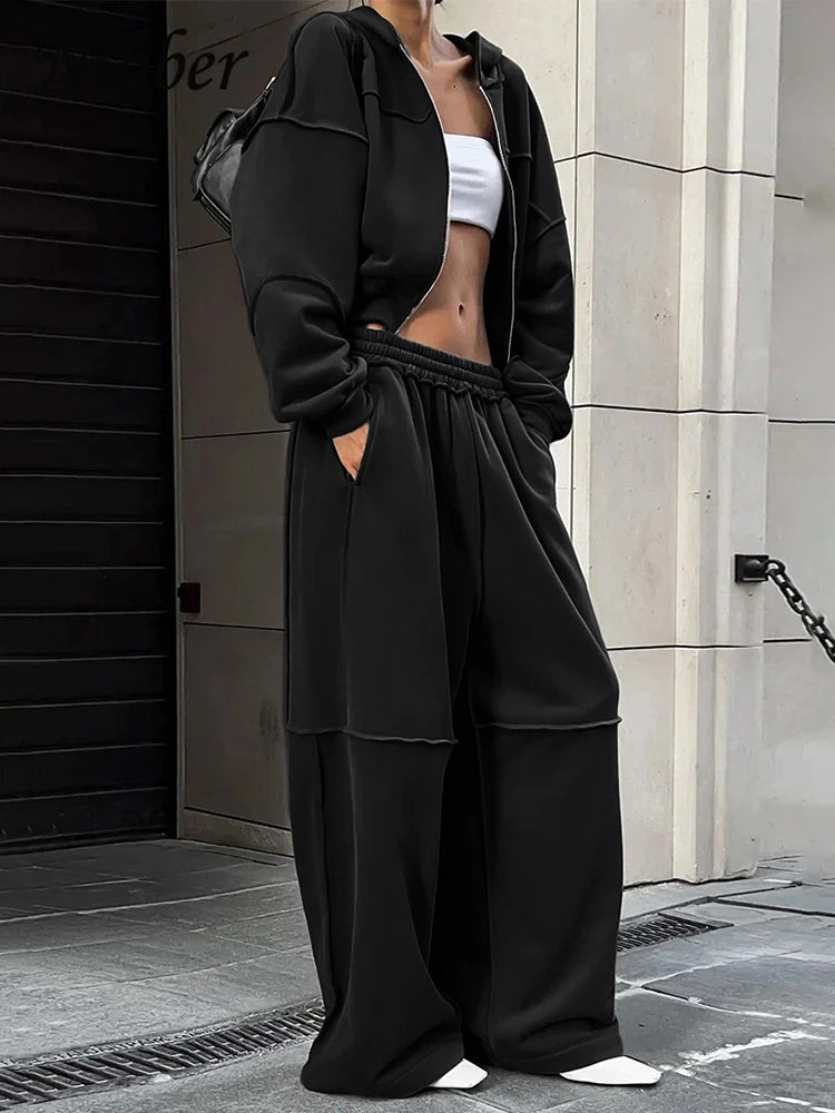 Sporty Women 2 Piece Set Casual Tracksuit Panelled Stripes Simple Hipster Hooded Zip Jacket+Wide Pants Matching Suits