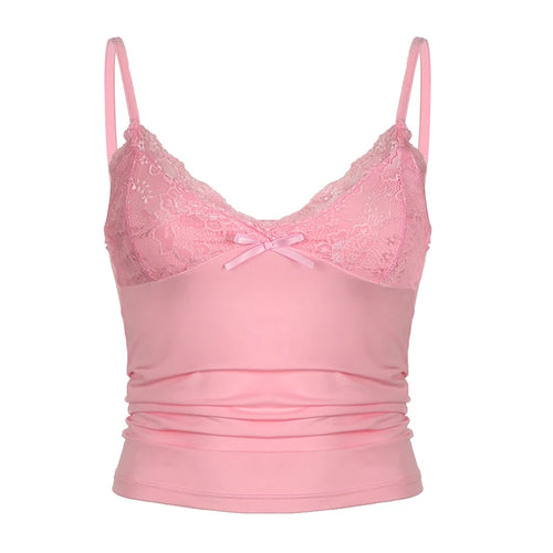 Load image into Gallery viewer, Strap Pink Y2K Aesthetic Sexy Tops Slim Lace Patched Camisole Fashion Chic Bow 2000s Aesthetic Summer Crop Top Kawaii
