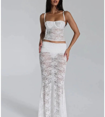 Sexy Lace Patchwork Tight Hollow Out Top Perspective Slim Long Skirt Women Set Temperament Party Vacation Beach Club Set