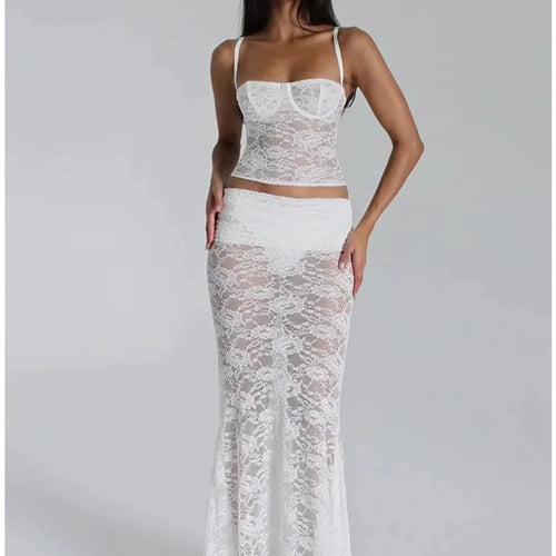 Load image into Gallery viewer, Sexy Lace Patchwork Tight Hollow Out Top Perspective Slim Long Skirt Women Set Temperament Party Vacation Beach Club Set
