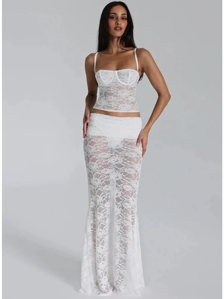 Sexy Lace Patchwork Tight Hollow Out Top Perspective Slim Long Skirt Women Set Temperament Party Vacation Beach Club Set