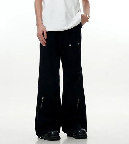 Men's Cargo Pants New American High Street Zipper Design Straight Wide Leg Solid Color Simple Male Trousers 2025 9W1954
