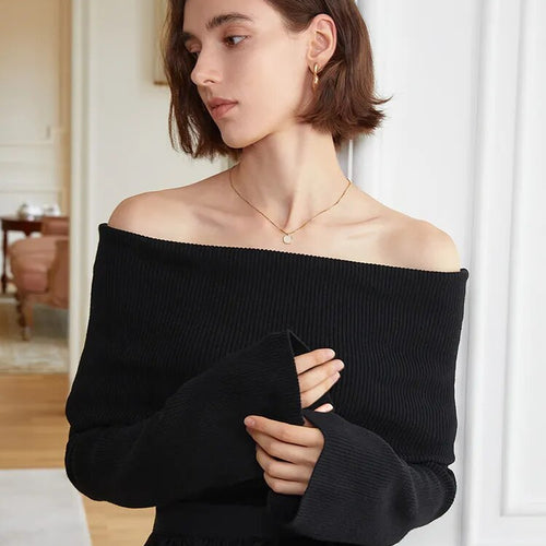 Load image into Gallery viewer, Knitting Sweater For Women Slash Neck Off Shoulder Long Sleeve Solid Minimalsit Pullover Female Clothing Style
