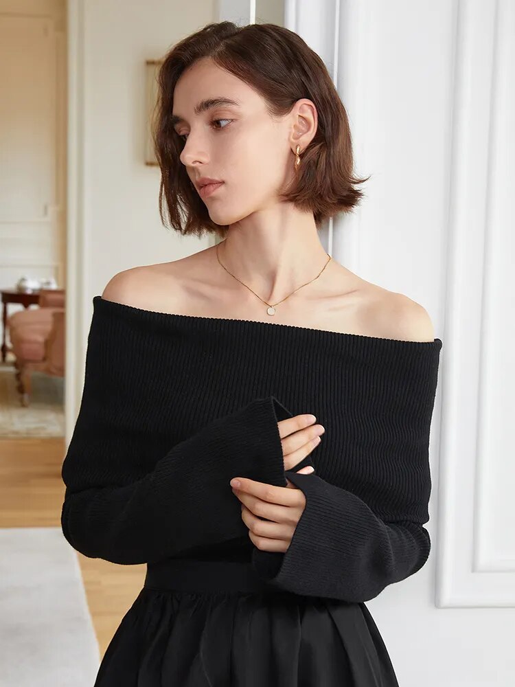 Knitting Sweater For Women Slash Neck Off Shoulder Long Sleeve Solid Minimalsit Pullover Female Clothing Style