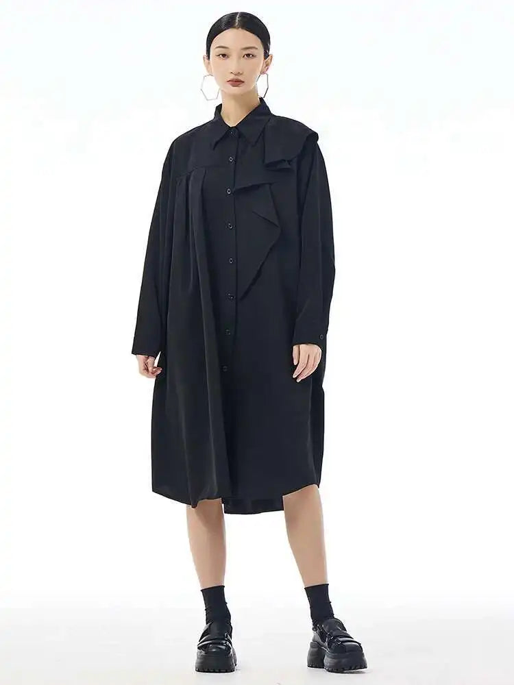 Women Gray Ruffles Pleated Midi Elegant Big Size Shirt Dress New Lapel Long Sleeve Fashion Tide Spring Autumn 2025 1DH7415