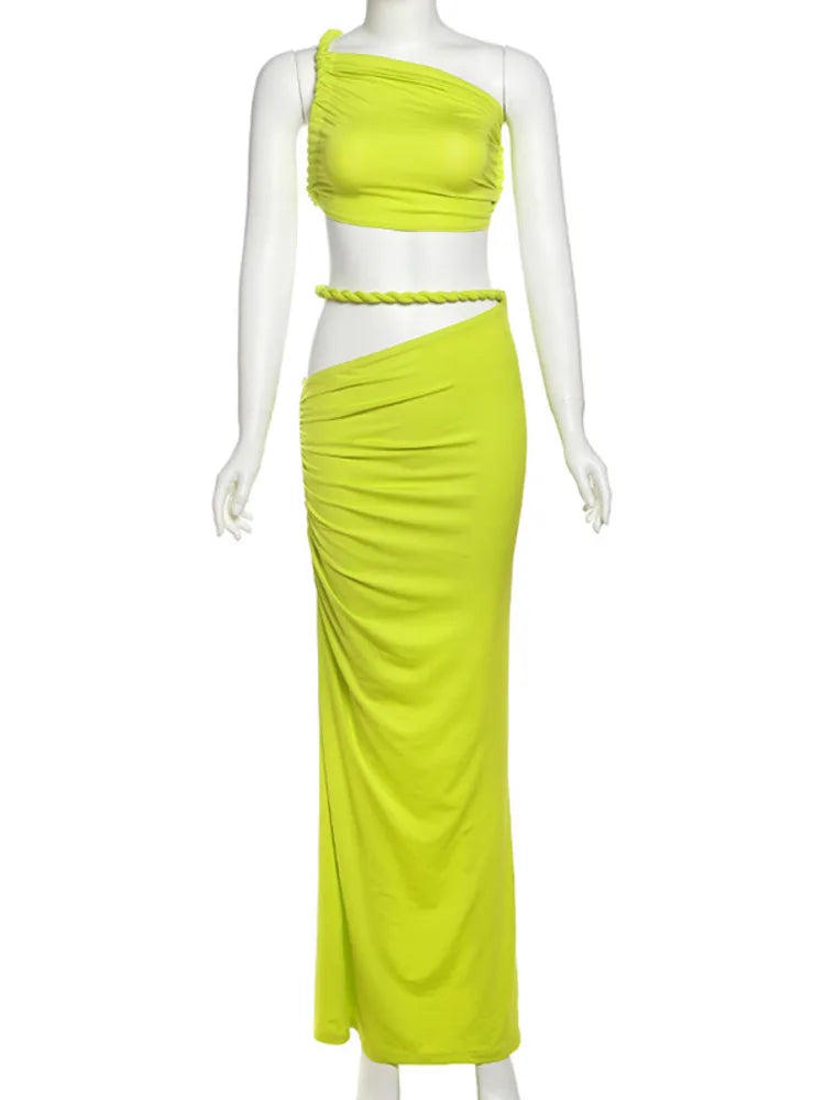 Green Sexy Two Piece Sets Women Oblique Shoulder Crop Tops And Maxi Skirt Female Thigh High Split Ruched Long Dress