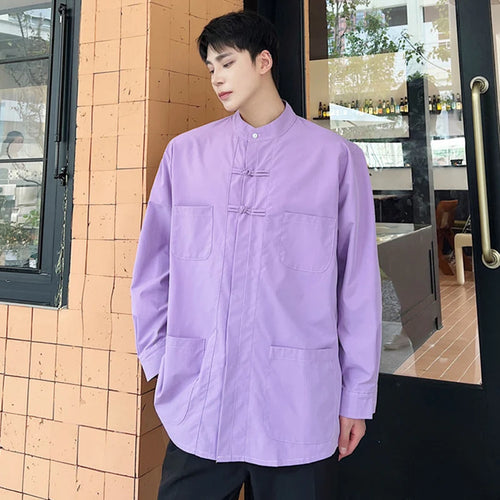 Load image into Gallery viewer, IEFB Stand Collar Male Shirts New Chinese Style Knot Button Long Sleeve Shirt Single Breasted Casual Loose Top Spring 9W1283
