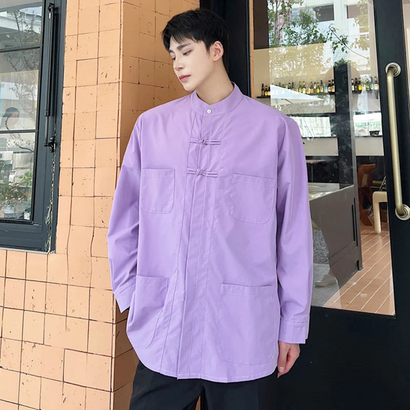 IEFB Stand Collar Male Shirts New Chinese Style Knot Button Long Sleeve Shirt Single Breasted Casual Loose Top Spring 9W1283
