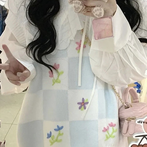 Load image into Gallery viewer, Knitted Sweater Vest for Women 2025 Y2k Aesthetic Embroidery Flower Tanks Fashion Casual Sleeveless Waistcoat Preppy Cute Tops
