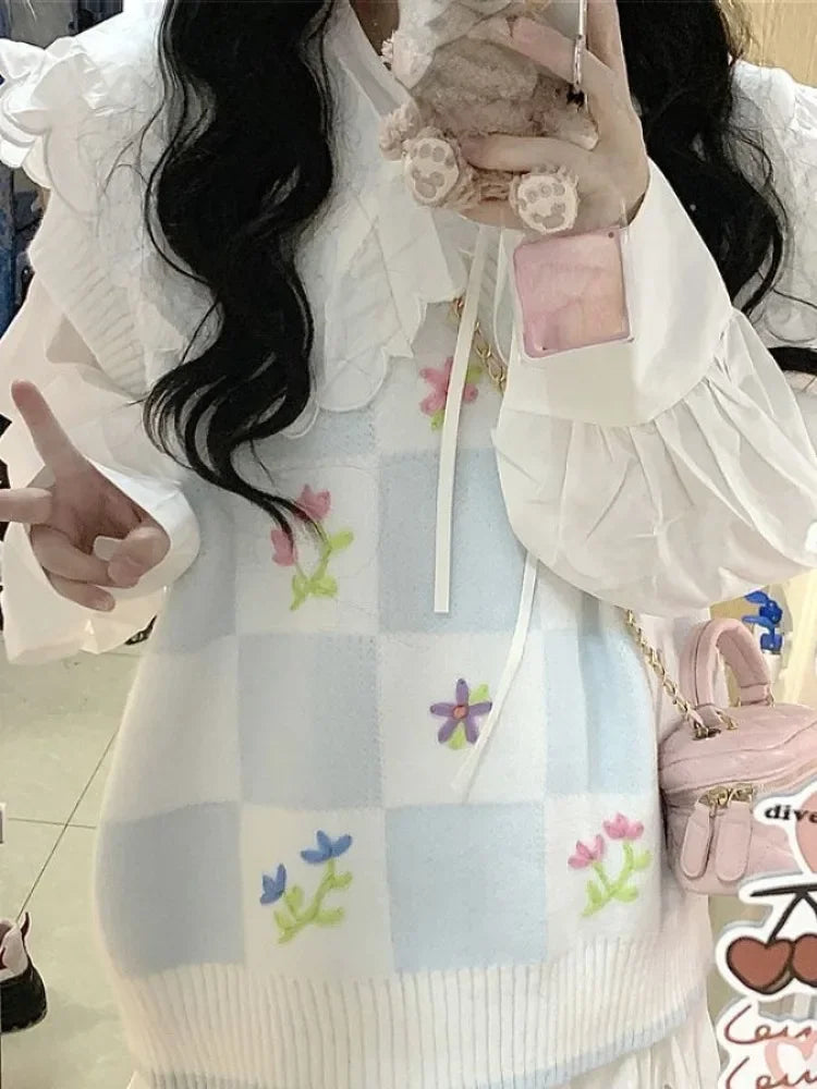 Knitted Sweater Vest for Women 2025 Y2k Aesthetic Embroidery Flower Tanks Fashion Casual Sleeveless Waistcoat Preppy Cute Tops