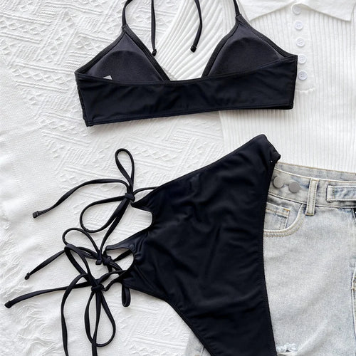 Load image into Gallery viewer, Asymmetric Cut Out Strappy High Waist Bikini Female Swimsuit Women Swimwear Two Pieces Bathing Suit
