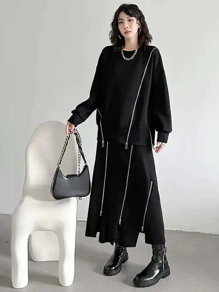 High Elastic Waist Black Zipper Splited A-line Half-body Skirt Loose Women Fashion Tide New Spring Autumn 2025 1DH4445