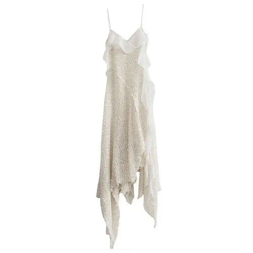 Load image into Gallery viewer, Women Beige Burr Perspective Sequins Irregular Long Spaghetti Strap Dress New Fashion Tide Spring Autumn 2025 1DH4725
