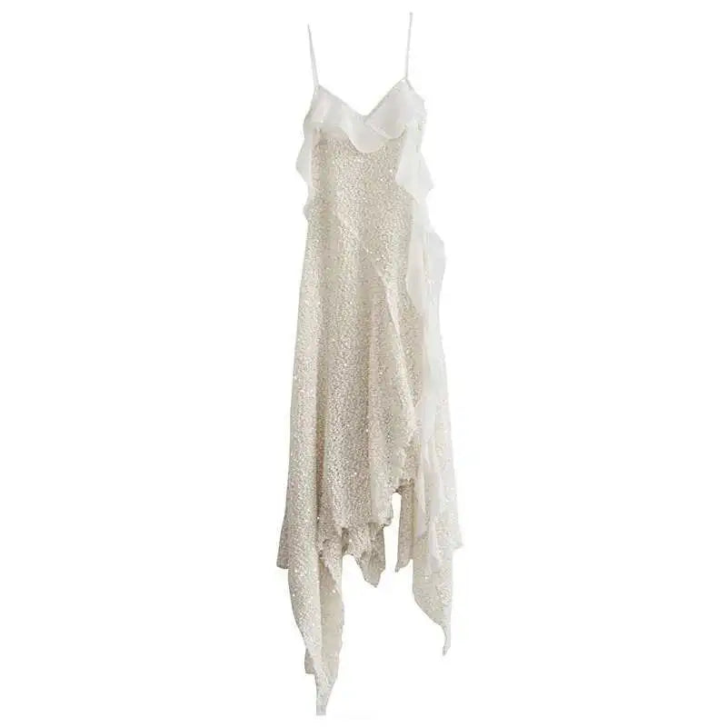 Women Beige Burr Perspective Sequins Irregular Long Spaghetti Strap Dress New Fashion Tide Spring Autumn 2025 1DH4725