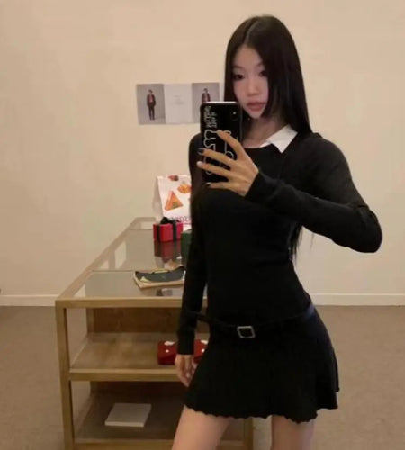 French Women Black Patchwork Slim Long Sleeve Mini Dress Autumn Winter Office Lady Elegant Pleated Short Knitted Dresses Fashion