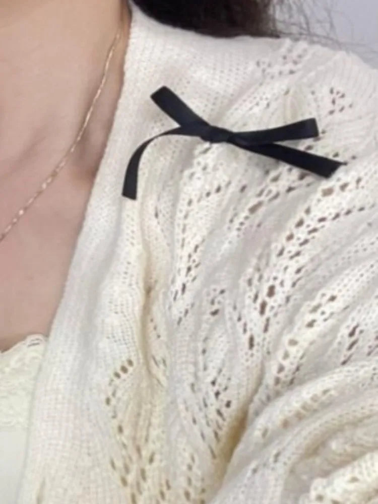 Autumn Grunge Sweet Bow Knitted Cardigans Y2k Aesthetic Hollow Out Oversized Coats Single Breasted Women Kawaii Sweaters Tops