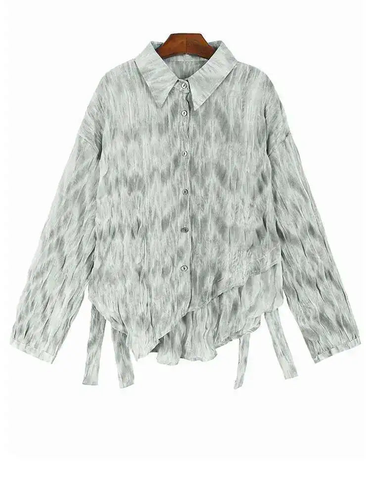 Women Coffee Tie Dye Ribbon Big Size Casual Blouse New Lapel Long Sleeve Shirt Fashion Tide Spring Autumn 2025 1DH5309