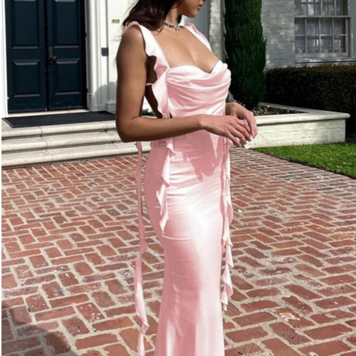 Load image into Gallery viewer, Elegant Sleeveless Bodycon Dress For Women 2024 Summer New Lace Up Backless Dress Fashion Ruffle Edge Flowing Strap Long
