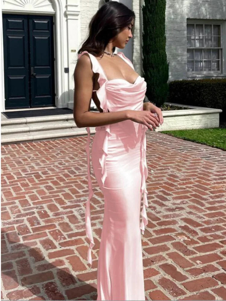 Elegant Sleeveless Bodycon Dress For Women 2024 Summer New Lace Up Backless Dress Fashion Ruffle Edge Flowing Strap Long