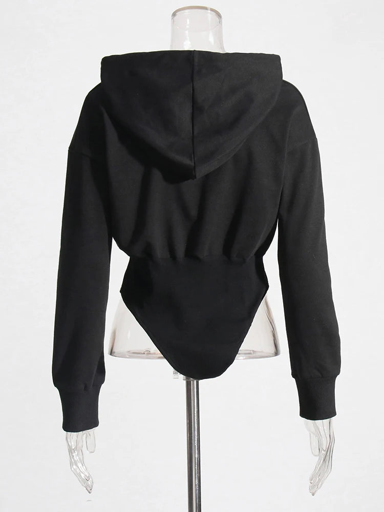 Solid Patchwork Drawstring Casual Sweatshirts For Women Hooded Long Sleeve Minimalist Tunic Sweatshirt Female Fashion