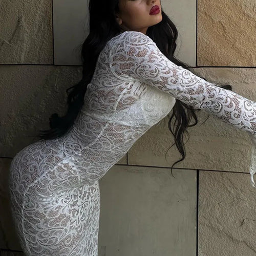 Load image into Gallery viewer, Sexy Lace Printed Long Sleeved Dress Women Perspective Bodycon Evening Dress Female Slim  Party  Night Clubwear 2024
