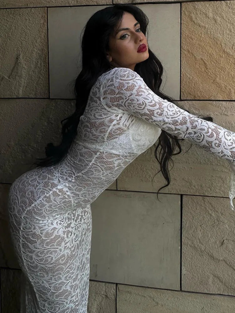 Sexy Lace Printed Long Sleeved Dress Women Perspective Bodycon Evening Dress Female Slim  Party  Night Clubwear 2024