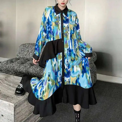 Load image into Gallery viewer, Women Green Pattern Printed Irregular Big Size Shirt Dress New Lapel Long Sleeve Fashion Tide Spring Autumn 2025 1DH4829
