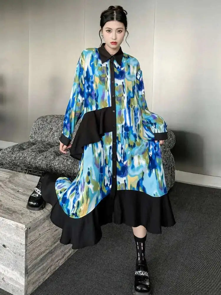 Women Green Pattern Printed Irregular Big Size Shirt Dress New Lapel Long Sleeve Fashion Tide Spring Autumn 2025 1DH4829