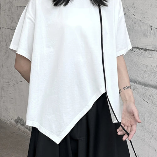 Load image into Gallery viewer, Women White Color-block Irregular Big Size T-shirt New Round Neck Half Sleeve Fashion Tide Spring Summer 2025 1DF9733
