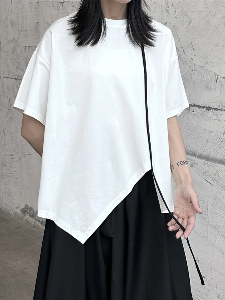 Women White Color-block Irregular Big Size T-shirt New Round Neck Half Sleeve Fashion Tide Spring Summer 2025 1DF9733
